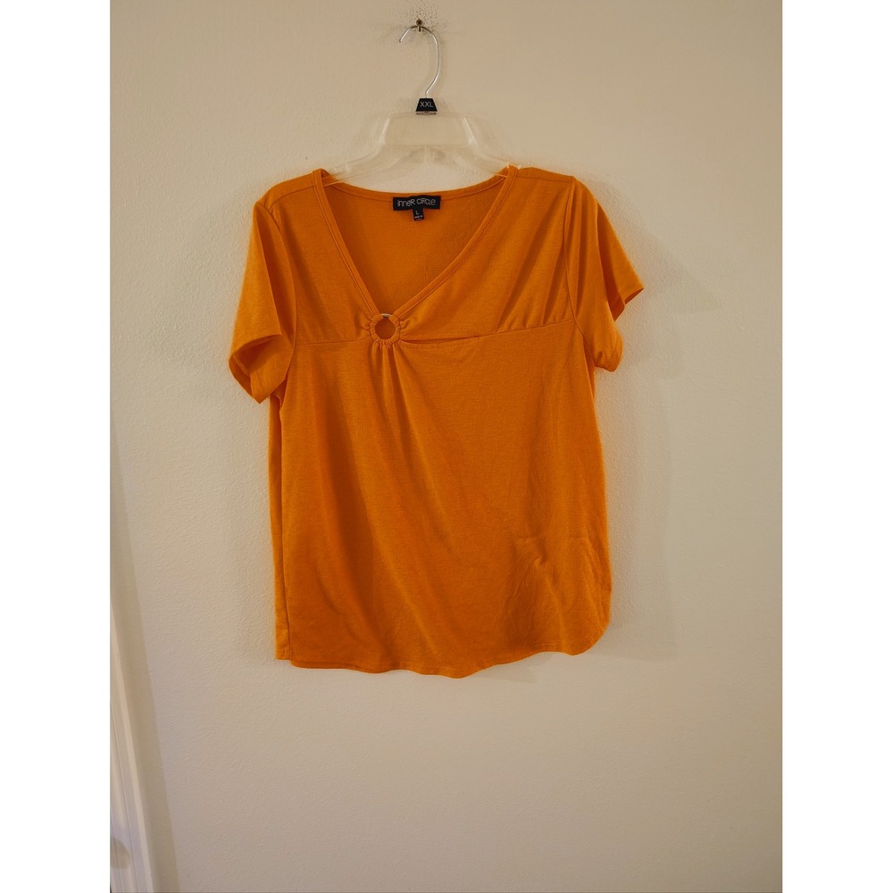 Inner Circle Womens Orange O-Ring V-Neck Short‎ Sleeve Top Size L